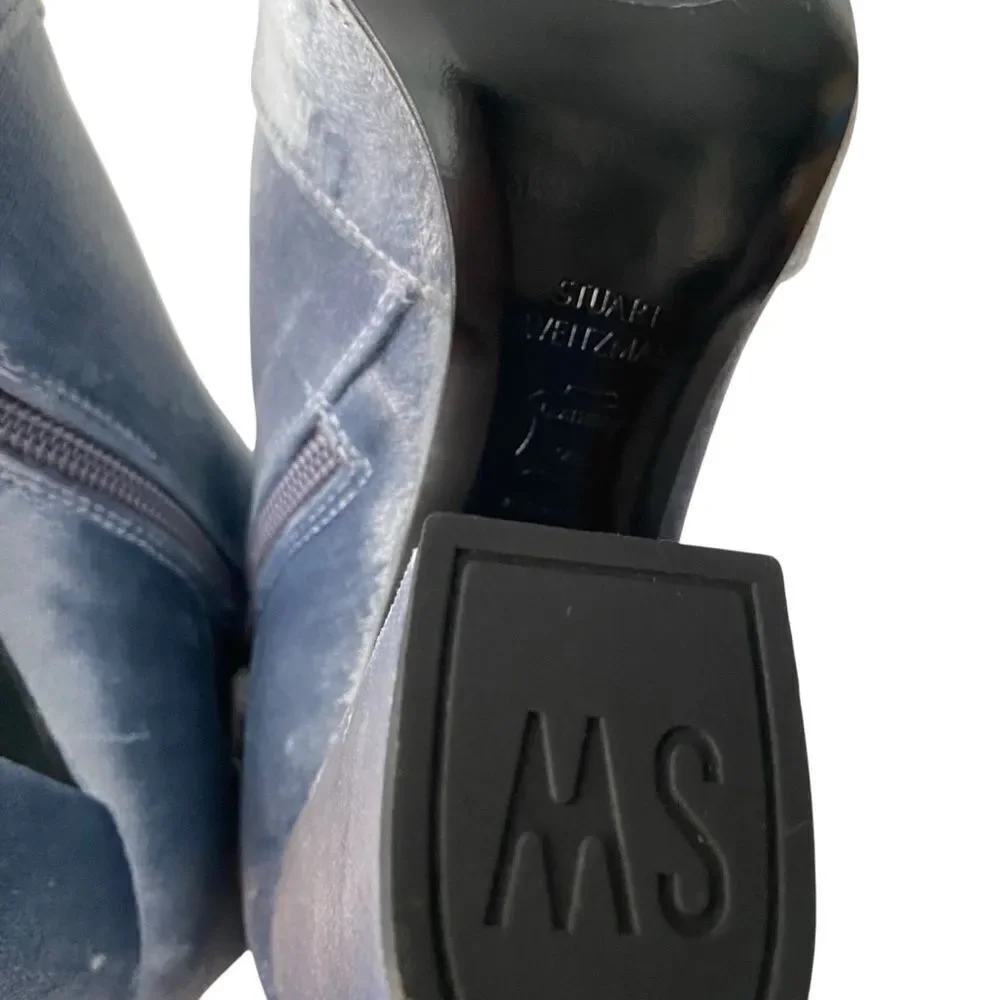 Stuart Weitzman Grandy Silver Bluish Steel Pane Velvet Ankle Boots Size 6.5M